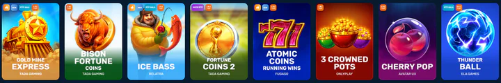 Populaire gokkasten bij Revery Play Casino, waaronder Gold Mine Express, Bison Fortune Coins, Ice Bass, Fortune Coins 2, Atomic Coins, 3 Crowned Pots, Cherry Pop en Thunder Ball